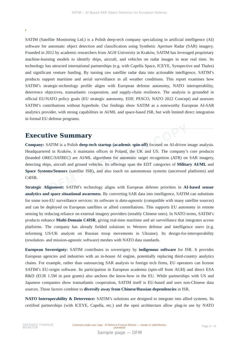 Sample page from “SATIM – AI-Based SAR Object Detection for European Defense” — 16-page report