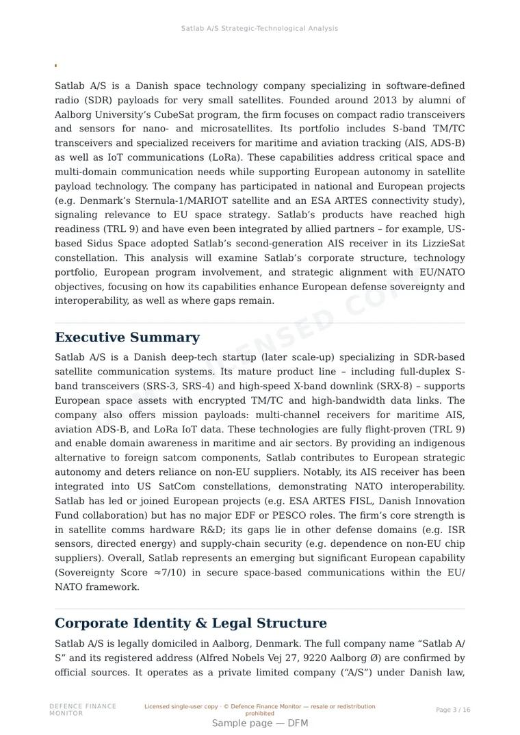 Sample page from “Satlab A/S — Denmark satellite communications company” — 17-page report