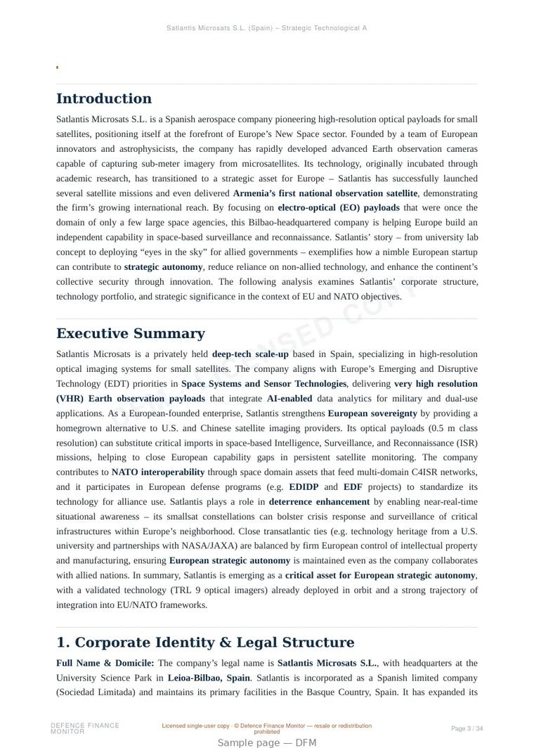 Sample page from “Satlantis Microsats S.L. (Spain) – Strategic Technological Analysis” — 35-page report