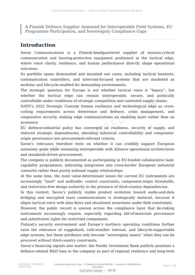 Sample page from “Savox Communications — Tactical Edge Communications for European Strategic Autonomy” — 19-page report