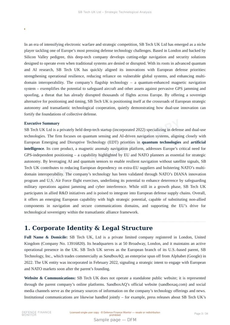 Sample page from “SB Tech UK Ltd – Strategic Technological Analysis” — 35-page report