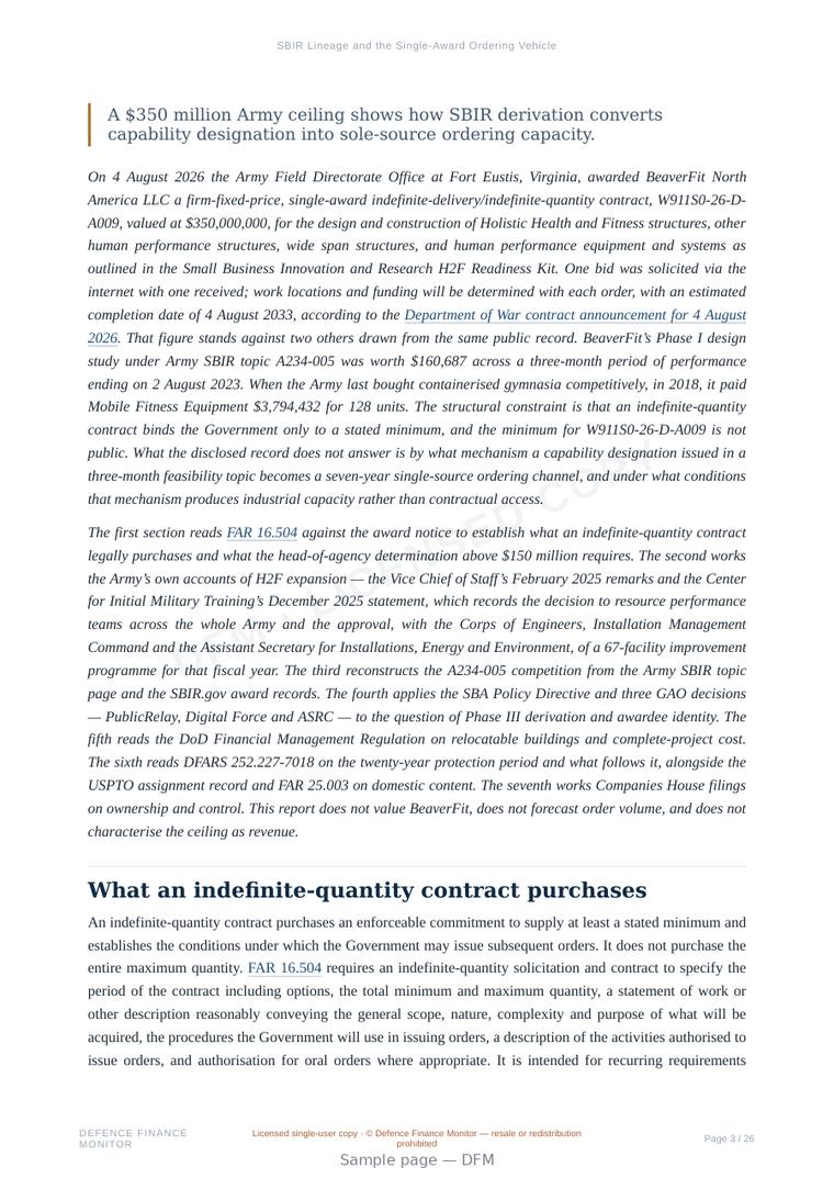 Sample page from “SBIR Lineage and the Single-Award Ordering Vehicle” — 27-page report