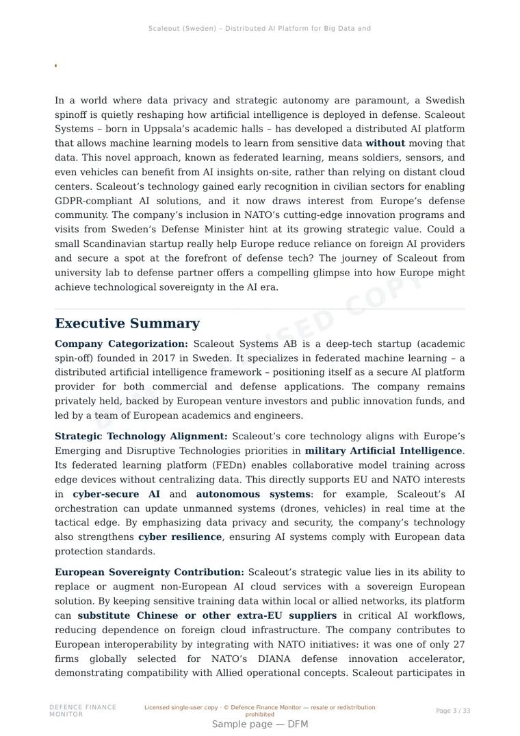 Sample page from “Scaleout (Sweden) – Distributed AI Platform for Big Data and Defense” — 34-page report