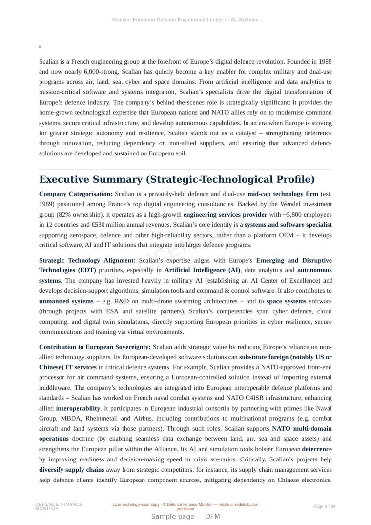 Sample page from “Scalian: European Defence Engineering Leader in AI, Systems Integration and Dual-Use Digital Technologies” — 30-page report