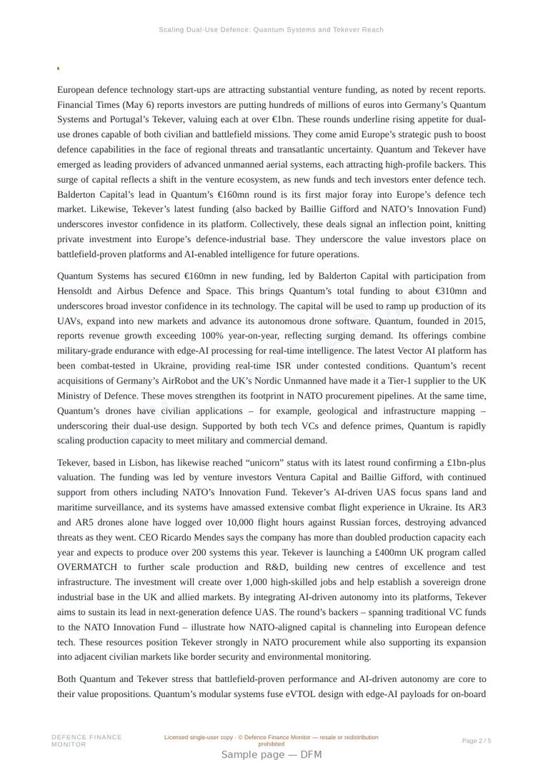 Sample page from “Scaling Dual-Use Defence: Quantum Systems and Tekever Reach €1bn Valuations” — 6-page report