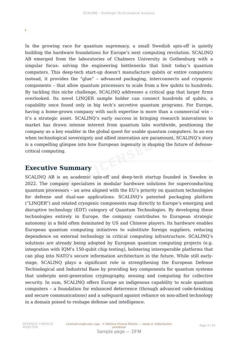 Sample page from “SCALINQ AB — Sweden quantum company” — 35-page report