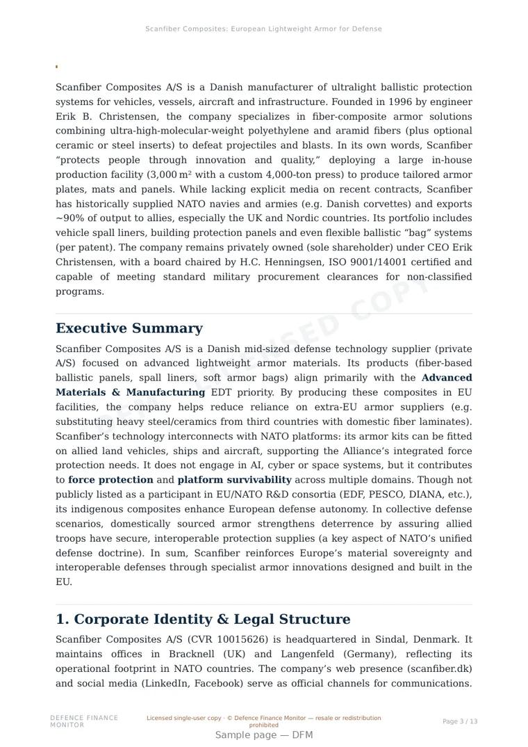 Sample page from “Scanfiber Composites: European Lightweight Armor for Defense and Security” — 14-page report