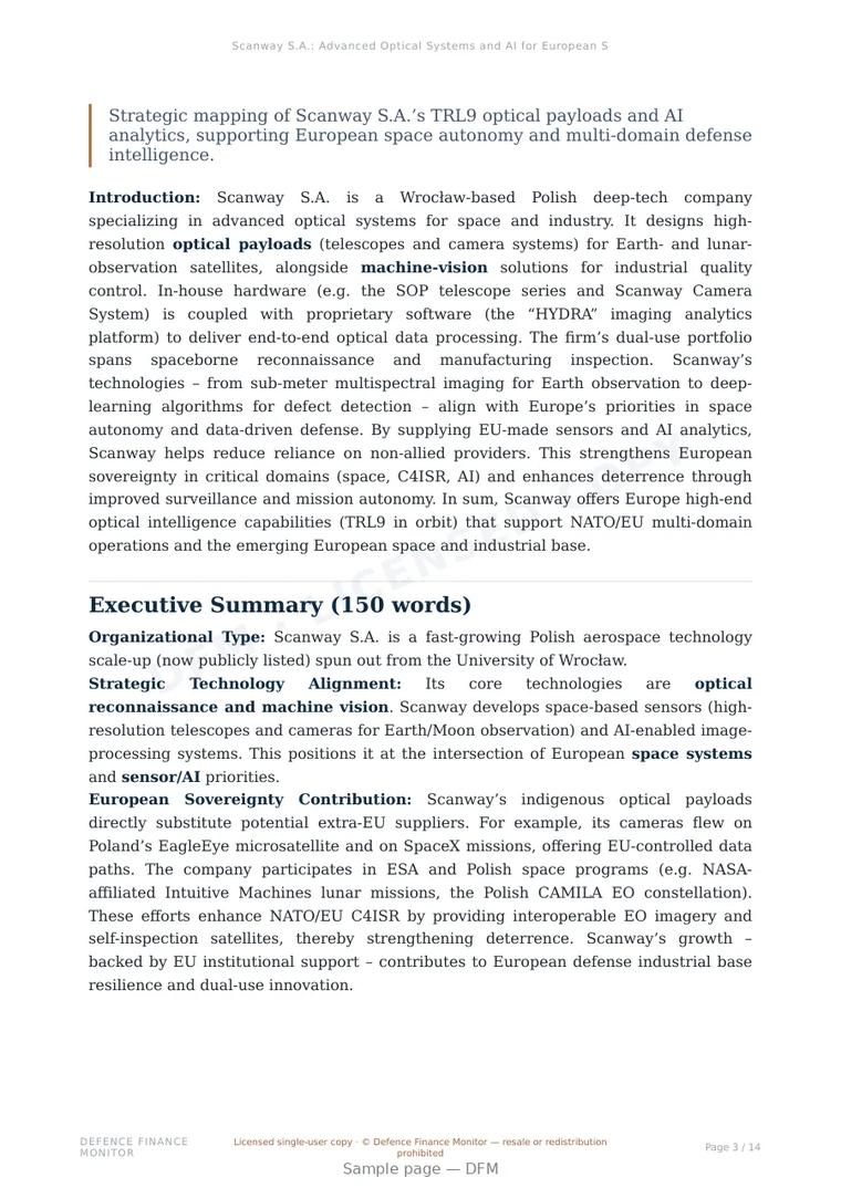 Sample page from “Scanway S.A.: Advanced Optical Systems and AI for European Space Sovereignty” — 15-page report