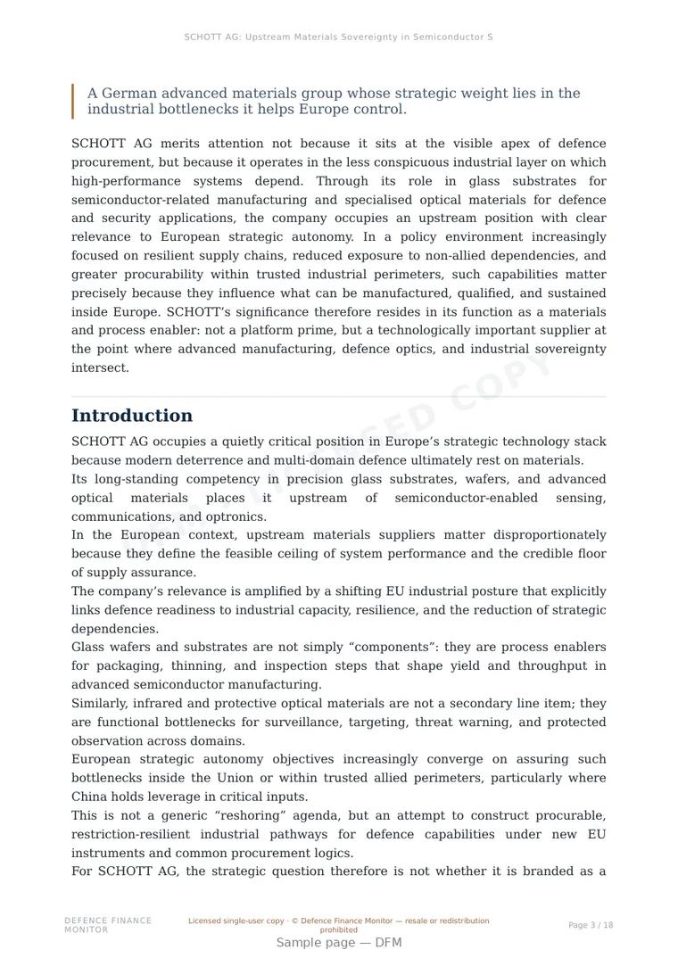 Sample page from “SCHOTT AG: Upstream Materials Sovereignty in Semiconductor Substrates and Defence Optics” — 19-page report