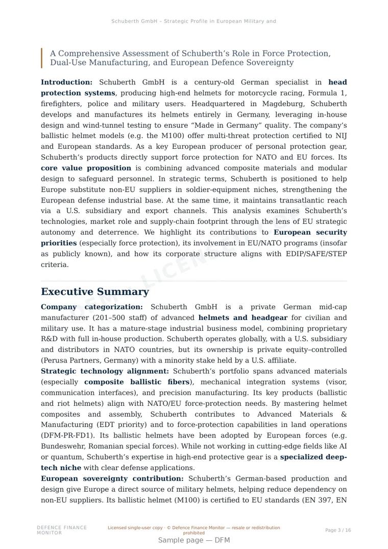 Sample page from “Schuberth GmbH – Strategic Profile in European Military and Protective Equipment” — 17-page report