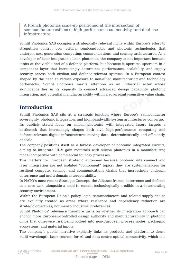 Sample page from “Scintil Photonics SAS and the Strategic Value of Integrated Photonics for European Technological Sovereignty” — 16-page report