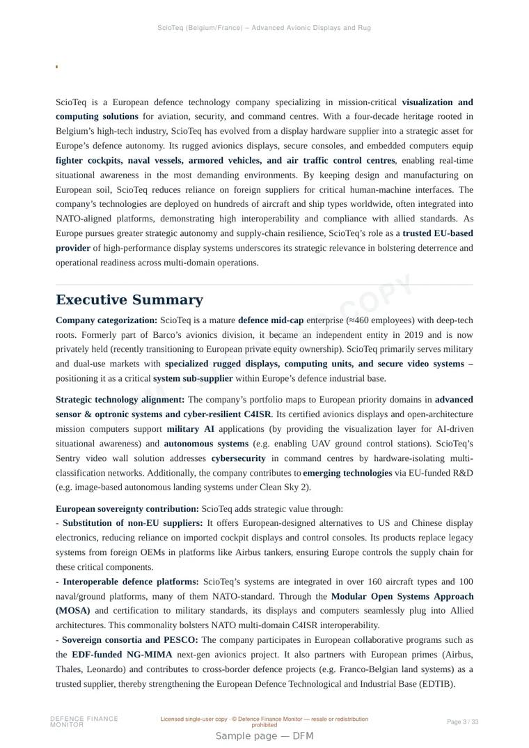 Sample page from “ScioTeq — Belgium air platforms company” — 34-page report