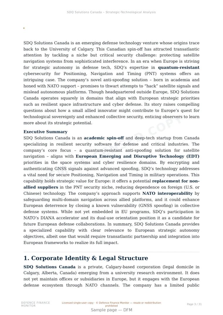 Sample page from “SDQ Solutions Canada — Canada positioning company” — 32-page report