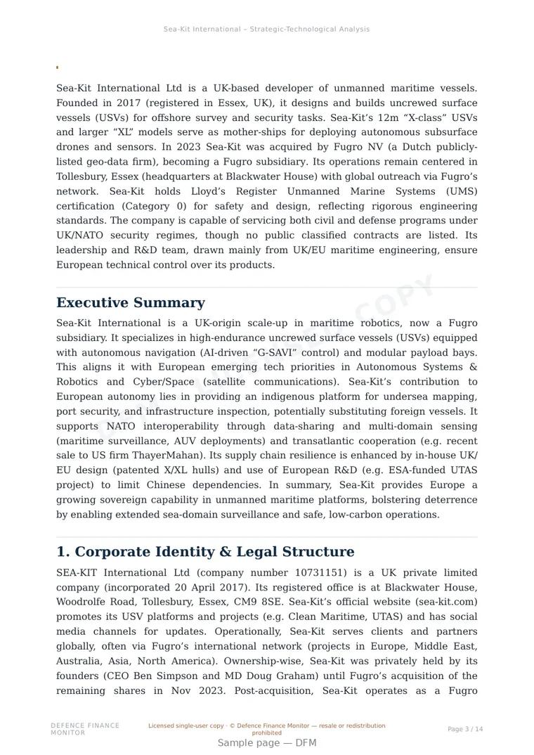 Sample page from “Sea-Kit International Ltd — United Kingdom unmanned surface systems company” — 15-page report