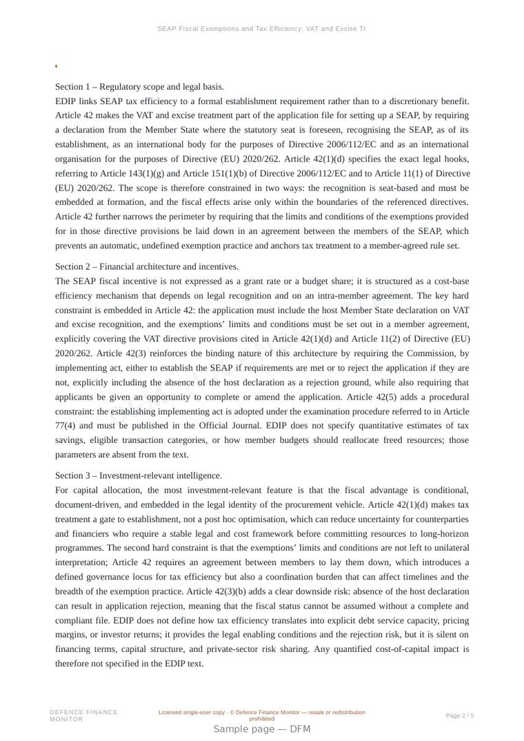 Sample page from “SEAP Fiscal Exemptions and Tax Efficiency: VAT and Excise Treatment under EDIP” — 6-page report