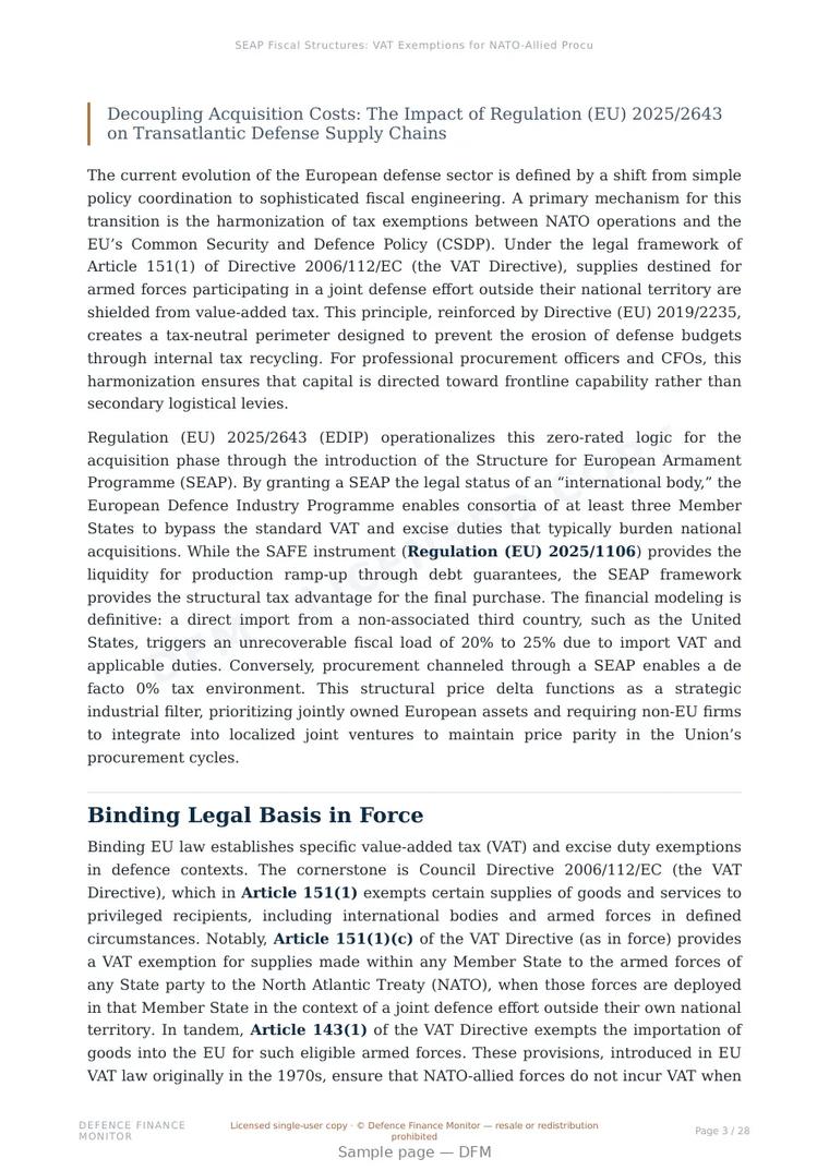 Sample page from “SEAP Fiscal Structures: VAT Exemptions for NATO‑Allied Procurement” — 29-page report
