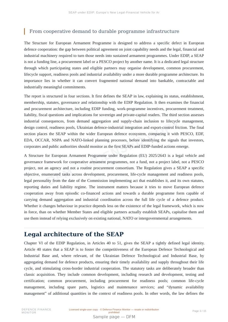 Sample page from “SEAP under EDIP: Europe’s New Legal-Financial Vehicle for Armament Programmes” — 16-page report