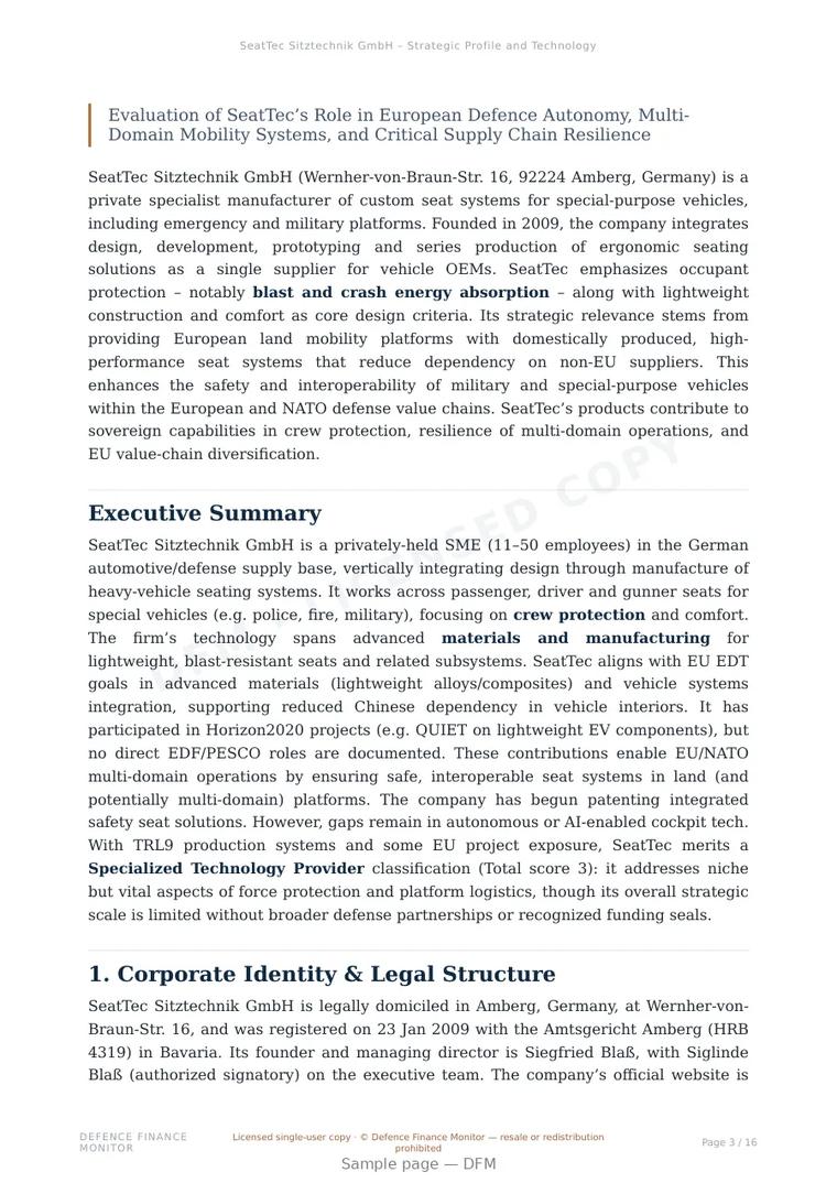 Sample page from “SeatTec Sitztechnik GmbH – Strategic Profile and Technology Assessment” — 17-page report
