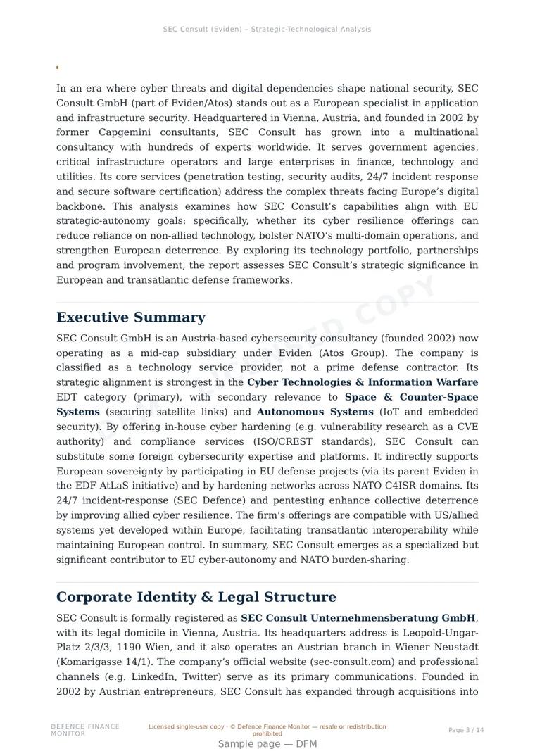 Sample page from “SEC Consult GmbH (part of Eviden/Atos) — Austria cybersecurity company” — 15-page report