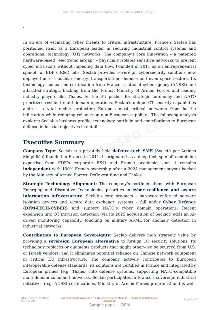 Sample page from “Seclab: European Cybersecurity for Industrial and Military Critical Infrastructure” — 31-page report