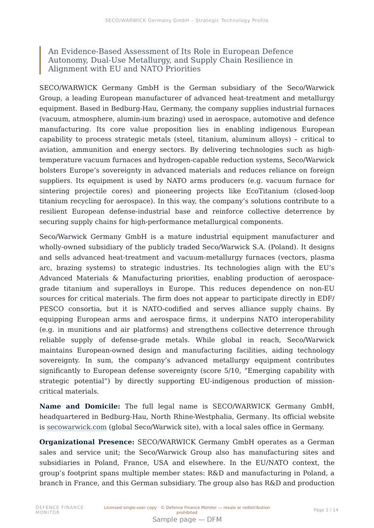 Sample page from “SECO/WARWICK Germany GmbH – Strategic Technology Profile” — 15-page report
