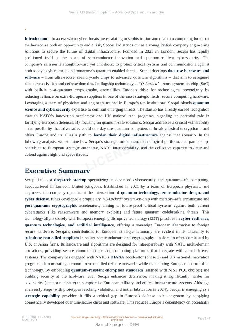 Sample page from “Secqai Ltd (United Kingdom) – Advanced Cybersecurity and Quantum-Safe Solutions” — 42-page report