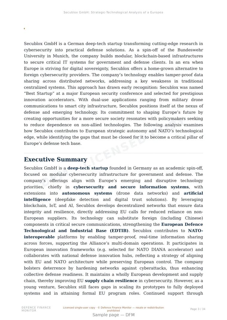 Sample page from “Secublox GmbH — Germany cryptography company” — 35-page report