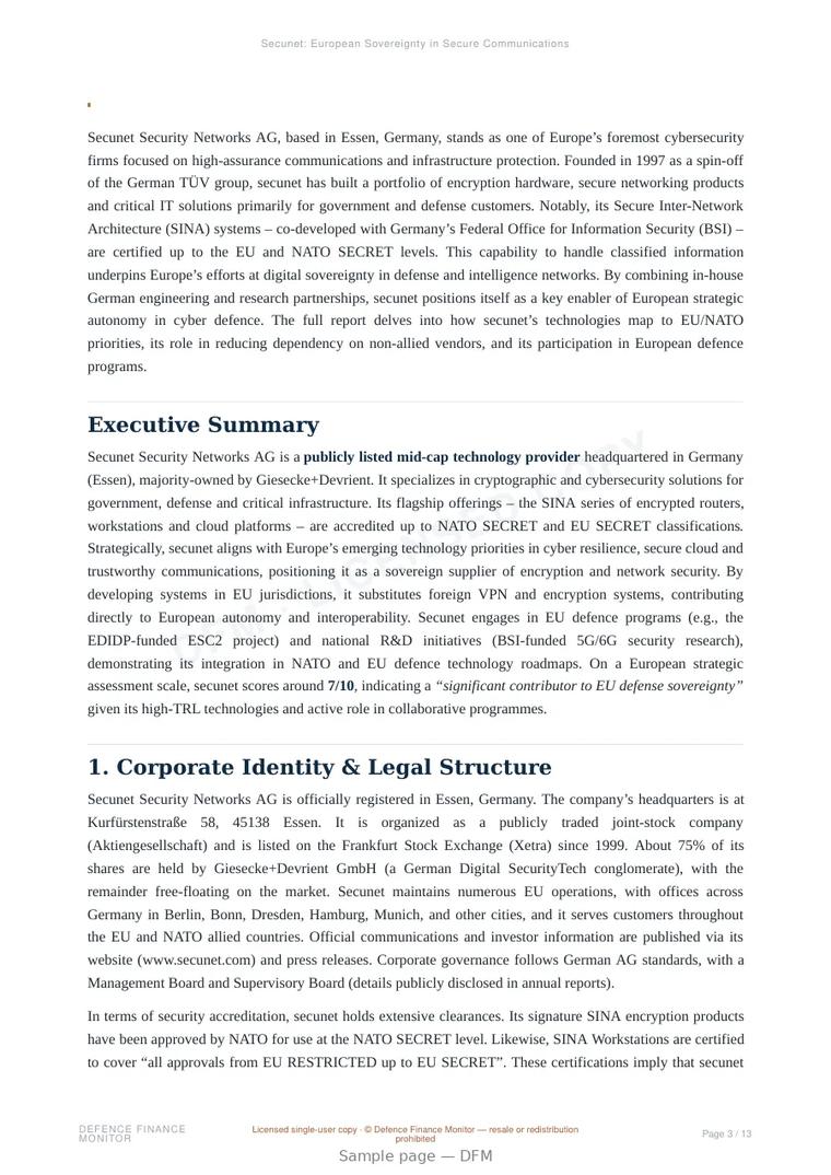 Sample page from “Secunet: European Sovereignty in Secure Communications” — 14-page report