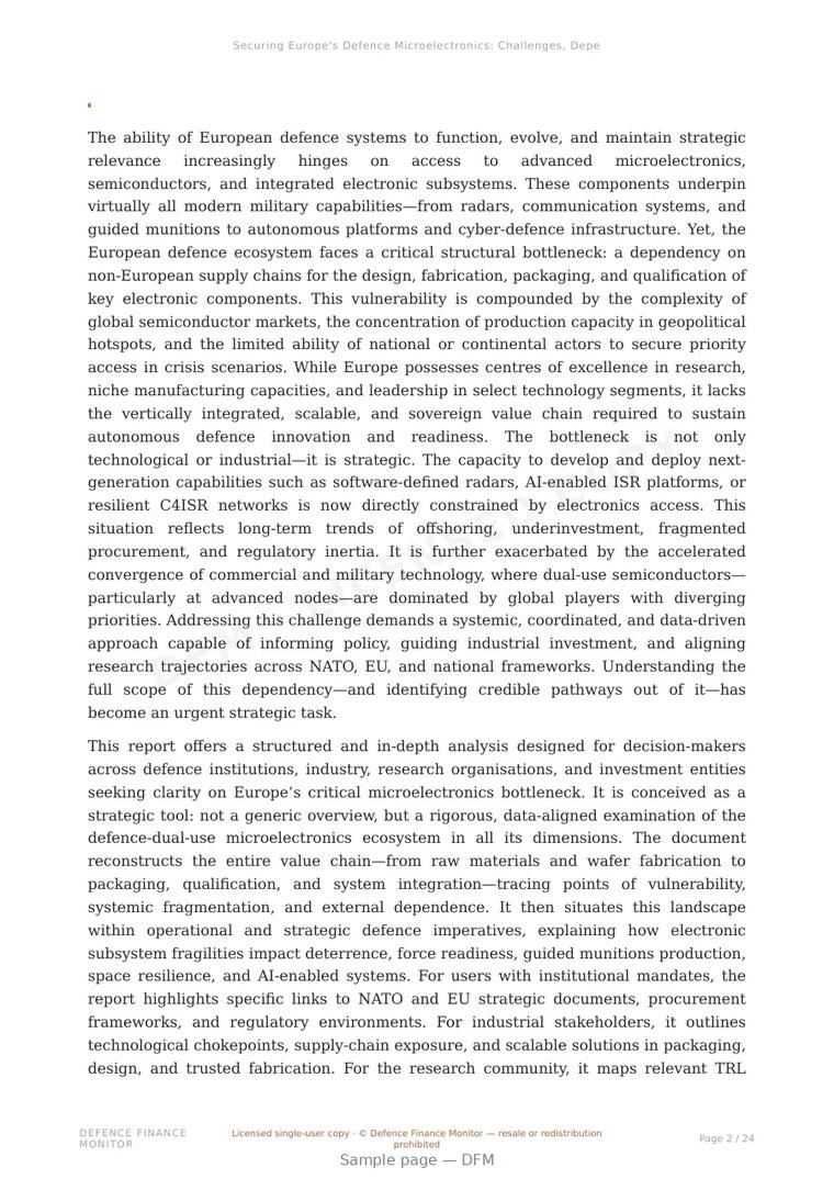 Sample page from “Securing Europe's Defence Microelectronics: Challenges, Dependencies, and Strategic Solutions” — 25-page report