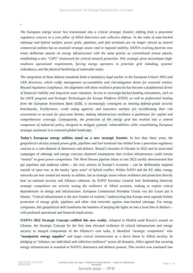 Sample page from “Securing the Grid: The Strategic Reclassification of European Energy Infrastructure as Defense Assets” — 15-page report