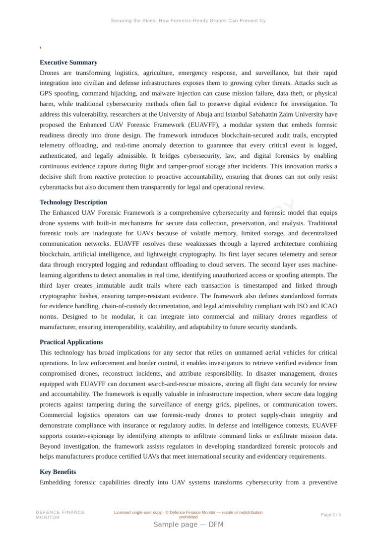 Sample page from “Securing the Skies: How Forensic-Ready Drones Can Prevent Cybercrime and Strengthen Accountability” — 6-page report