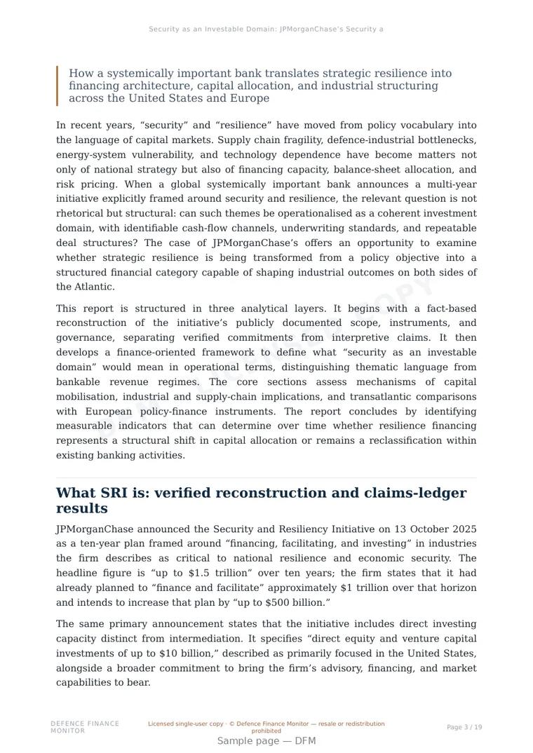 Sample page from “Security as an Investable Domain: JPMorganChase’s Security and Resiliency Initiative in a Transatlantic Perspective” — 20-page report