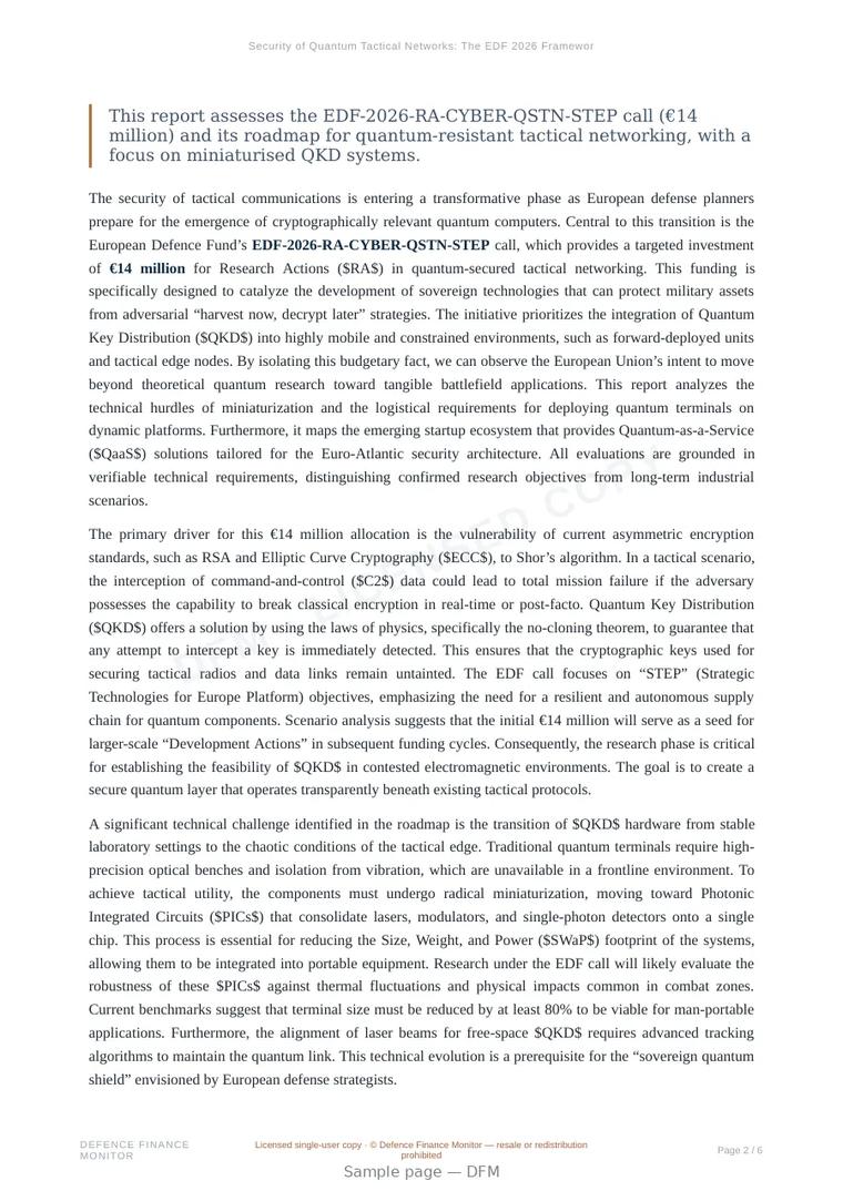 Sample page from “Security of Quantum Tactical Networks: The EDF 2026 Framework” — 7-page report