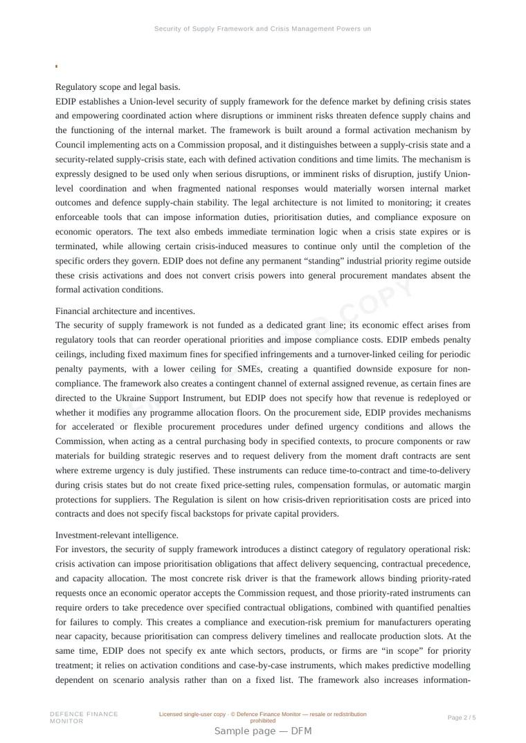 Sample page from “Security of Supply Framework and Crisis Management Powers under EDIP” — 6-page report