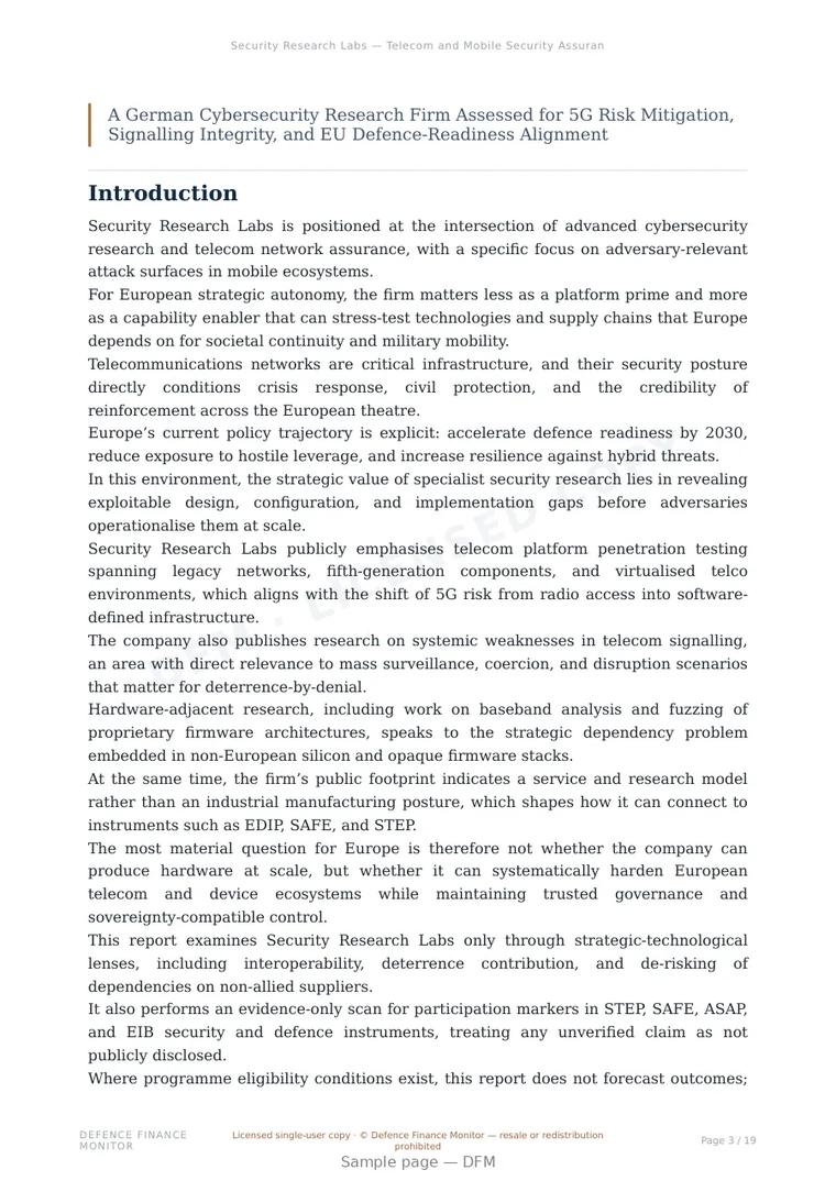 Sample page from “Security Research Labs — Telecom and Mobile Security Assurance for European Strategic Autonomy” — 20-page report
