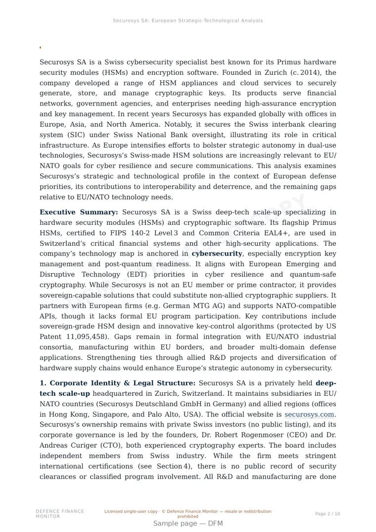 Sample page from “Securosys SA — Switzerland cryptography company” — 11-page report