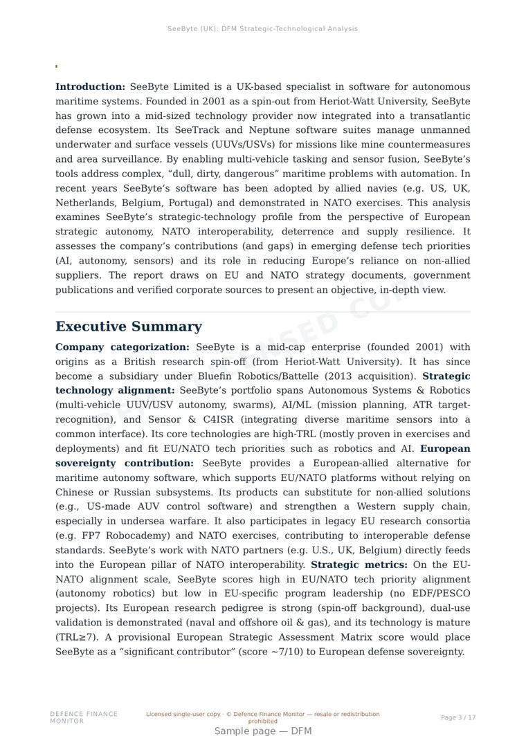 Sample page from “SeeByte Limited — United Kingdom autonomy company” — 18-page report