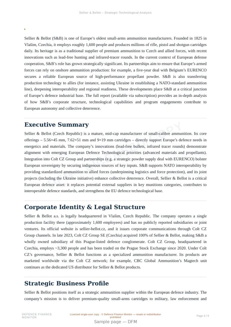 Sample page from “Sellier & Bellot — Czechia defence company” — 10-page report
