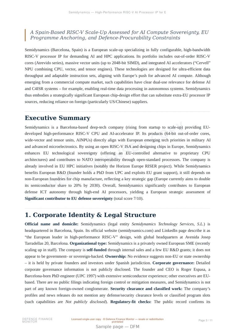 Sample page from “Semidynamics — High-Performance RISC-V AI Processor IP for European Strategic Autonomy” — 12-page report