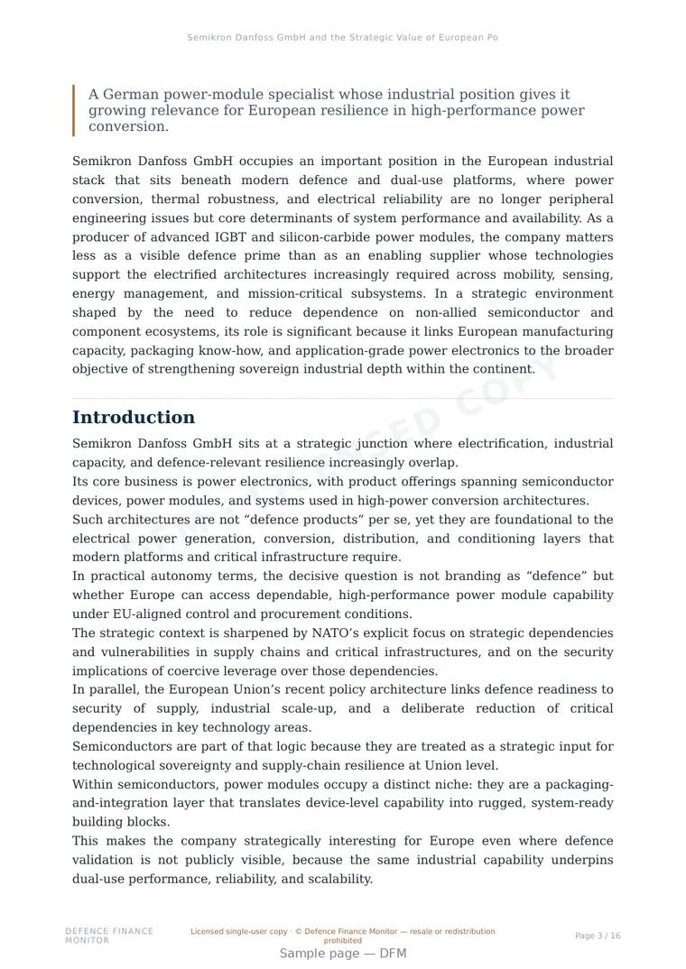 Sample page from “Semikron Danfoss GmbH and the Strategic Value of European Power Electronics for Defence-Grade Electrification” — 17-page report
