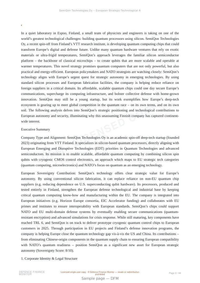 Sample page from “SemiQon Technologies Oy — Finland quantum company” — 45-page report