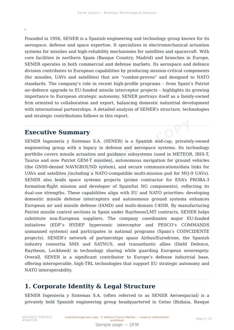 Sample page from “SENER — Spain defence company” — 14-page report