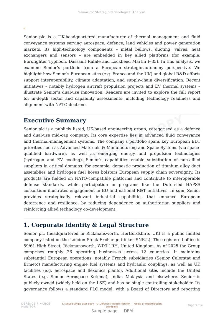 Sample page from “Senior plc — United Kingdom air platforms company” — 15-page report