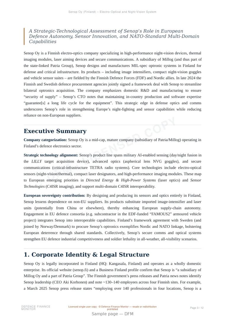 Sample page from “Senop Oy (Finland) – Electro-Optical and Night-Vision Systems” — 13-page report