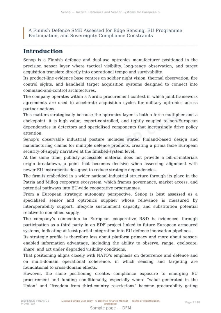 Sample page from “Senop — Tactical Optronics and Sensor Systems for European Strategic Autonomy” — 19-page report