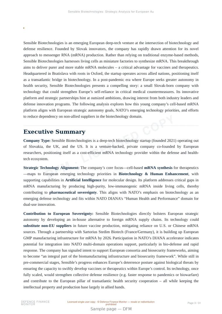 Sample page from “Sensible Biotechnologies: Strategic Analysis for European Autonomy” — 32-page report