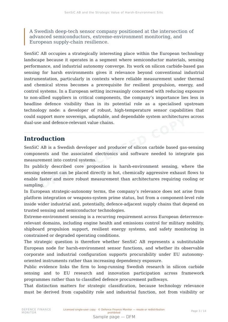 Sample page from “SenSiC AB and the Strategic Value of Harsh-Environment Silicon Carbide Sensing for European Industrial and Defence Resilience” — 15-page report