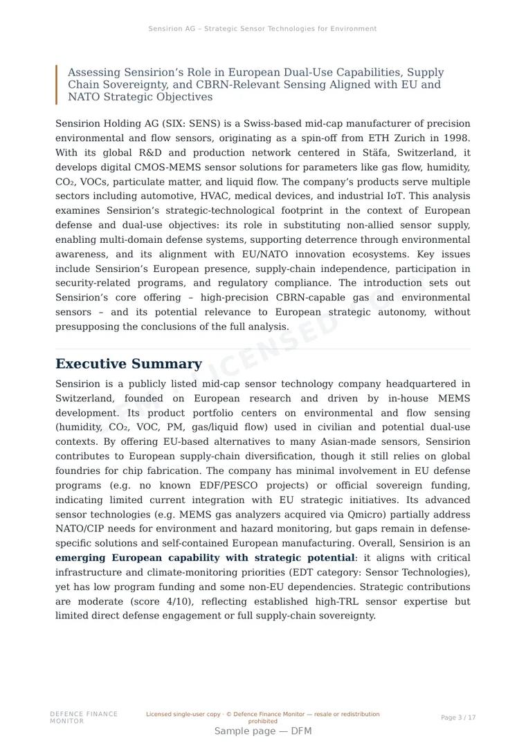Sample page from “Sensirion AG – Strategic Sensor Technologies for Environmental and Gas Detection” — 18-page report