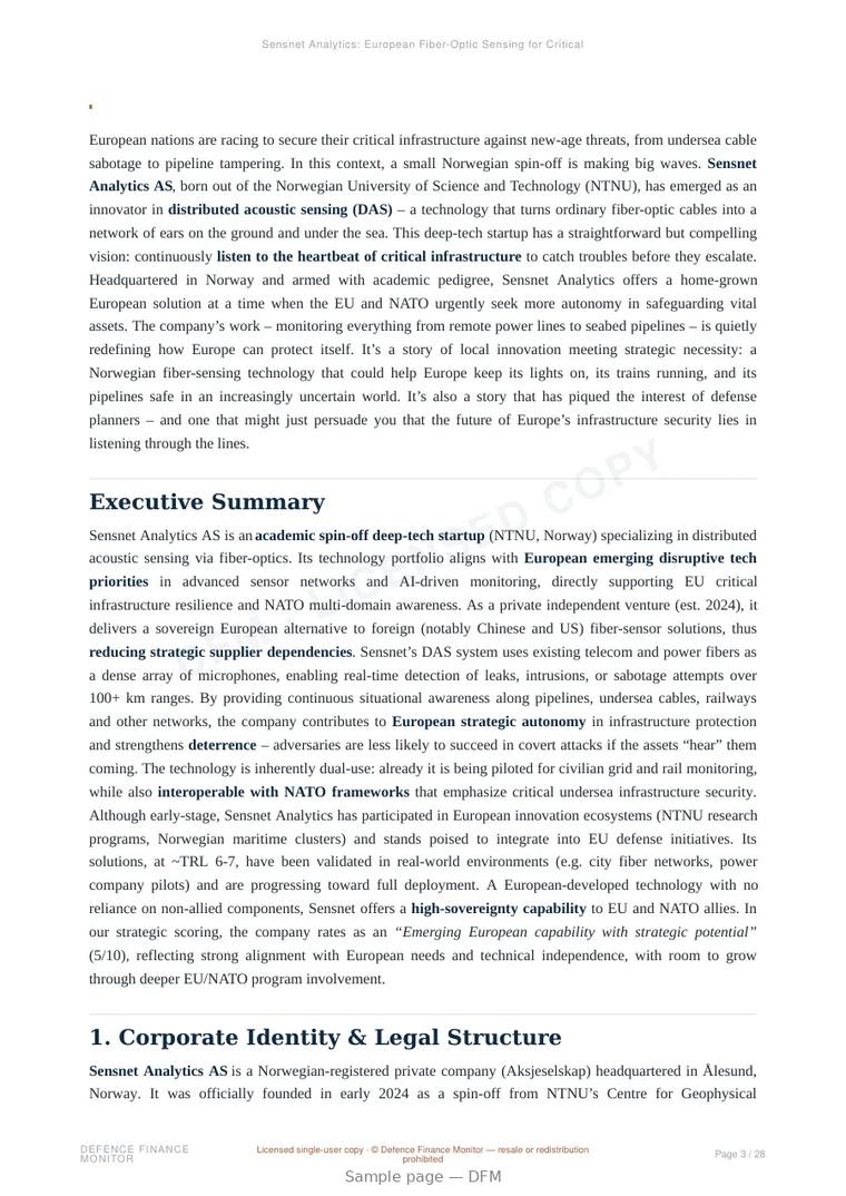 Sample page from “Sensnet Analytics: European Fiber-Optic Sensing for Critical Infrastructure Security” — 29-page report