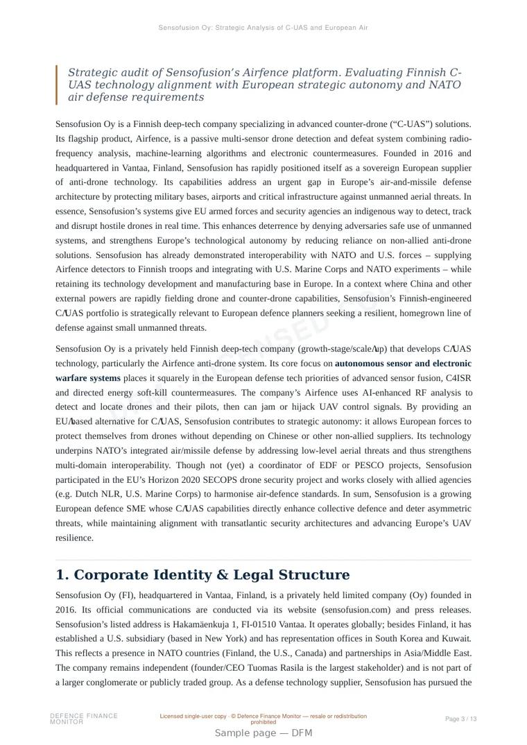 Sample page from “Sensofusion Oy: Strategic Analysis of C-UAS and European Air Defense” — 14-page report